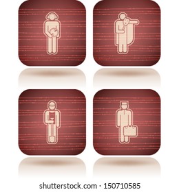 Man's occupation icons set from left to right:  DJ, Actor, Worker, Hotel staff. 
