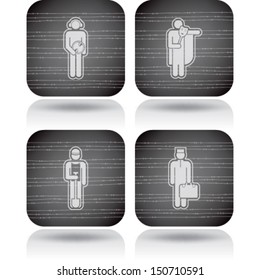 Man's occupation icons set from left to right:  DJ, Actor, Worker, Hotel staff. 
