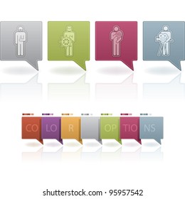 Man's occupation icons set from left to right: chemise, sailor, scientist, cameraman.