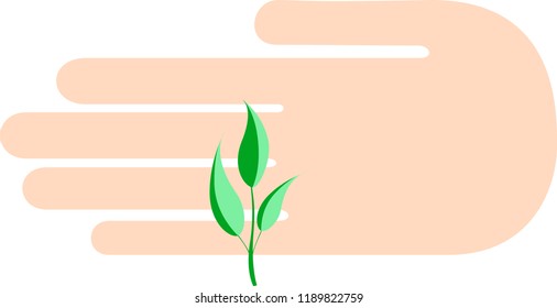 Man's palm is protected by a small green sprout. A plant with tender leaves. Vector illustration