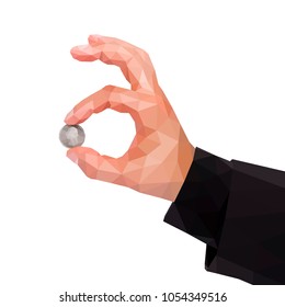 man's polygonal hand holds between two fingers of a quarter US dollar
