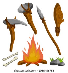 Man's primitive weapon. primal life of a wild man. a rock club. stick with stone and ropes. Spear, hammer, axe. Animal bones and bonfire - Cartoon flat illustration
