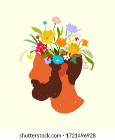 Mans profile with blossom flowers in his head.  Concept of mental health. Flat vector illustration, hand drawn