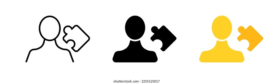 Mans with puzzle set icon. Solve problems, perform tasks, computer, hand, philosophy, work, creativity, original. Ideas concept. Vector icon in line, black and colorful style on white background