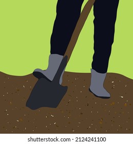 A man's rubber boot on a shovel is getting ready to dig. Farmer digs the soil with a shovel in the garden