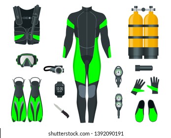 Man's Scuba gear and accessories. Equipment for diving. IDiver wetsuit, scuba mask, snorkel, fins, regulator dive icons. Underwater activity diving equipment and accessories. Underwater sport.