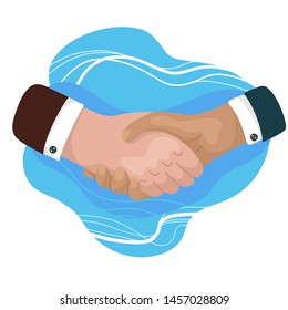 Mans shaking hands. Businessman making a deal. International Friendship Day. Vector cartoon flat illustration for articles, postcards and your design.