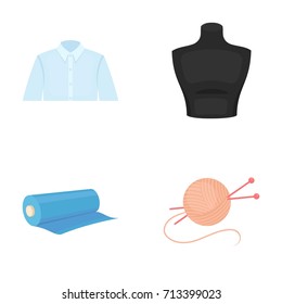 A man's shirt, a mannequin, a roll of fabric, a ball of threads and knitting needles. Set collection icons in cartoon style vector symbol stock illustration web.