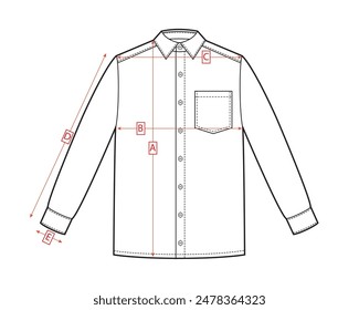 Mans shirt size chart. Front and back views