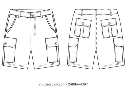 mans short pants outline drawing cargo shorts vector technikal sketch vector, template illustration on grey background