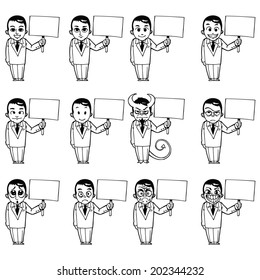 mans with a sign and emotional face - vector set