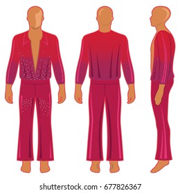 Man's silhouette  in black decorated costume: long sleeve t-shirt outlined and flare pants (front, side & back view). Vector illustration isolated on white background