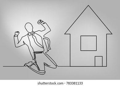 
A man's silhouette, drawn by one line, with his arms raised next to the house.