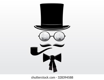 Man's silhouette with mustache in a hat, in glasses, with a pipe