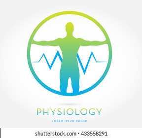 MAN'S SILHOUETTE WITH OPEN ARMS , HEART RATE LINE , INSIDE A CIRCLE, VECTOR ICON / LOGO , BLUE GREEN AND LIME COLORS , ON WHITE BACKGROUND, HEALTH, PHYSICAL THERAPY