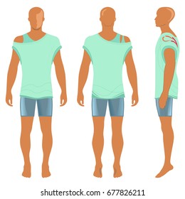 Man's silhouette  in summertime clothes: short sleeve t-shirt and briefs (front, side & back view). Vector illustration isolated on white background