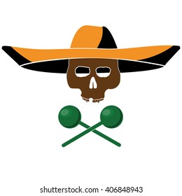 Man's Skull, mexican sombrero and maracas isolated on a white background. Vector illustration EPS 10 