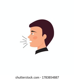 man's speech on white background. symbol or vector of male head with sound vibration icon, boy speaking, man talking, Flat, man with sound waves, man head front view, man's sound icon