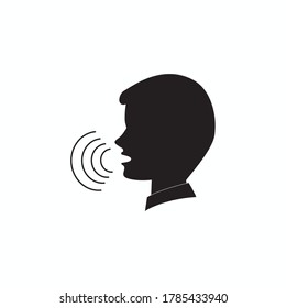 el discurso del hombre sobre fondo blanco. vector de la cabeza masculina con vibración sonora, hablando de niño, hombre hablando, hombre con ondas sonoras. Silhouette de la vista frontal del frente del hombre, icono del sonido del hombre
