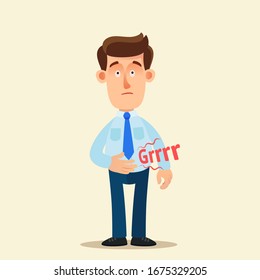 A man's stomach rumbles, abdomen growling. Stomach pain, hungry person and he wants to eat. Vector illustration, flat design, cartoon style, isolated background.