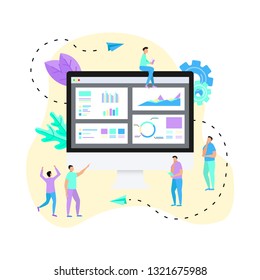 Mans studying financial statistics on screen monitor. Financial reports, charts graphs on screens of desktop. Business concept