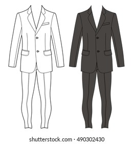 Man's suit (jacket & skinny jeans) outlined template front view, vector illustration isolated on white background