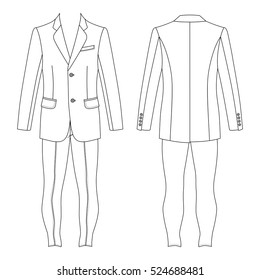 Man's Suit (jacket & Skinny Jeans) Outlined Template Front & Back View, Vector Illustration Isolated On White Background