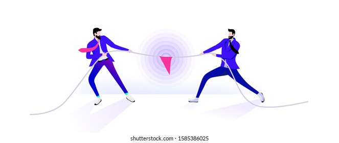 Mans in suit are pulling a rope.
Metaphor from e-Commerce industry. 
Business message  in develop career and trade market resource.
Isolated vector illustration on white background.