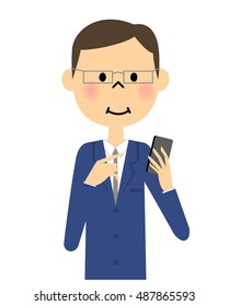 Man's suits touching the smart phone
