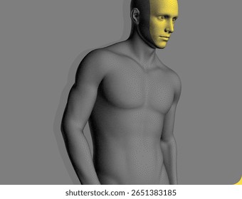 Man's torso formed from dots. Face with color mask effect. Face recognition. Concept of technology, anonymity, social disguise. Cybersecurity. 3D vector.