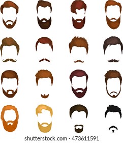 Mans trendy haircut types for barber shop. Isolated collection of  beards design icons .Hipster hair fashion vector illustration set. Modern Hairstyle head and mustaches