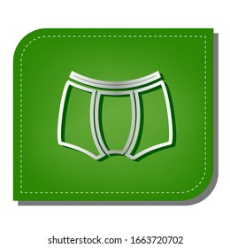 Man's underwear sign. Silver gradient line icon with dark green shadow at ecological patched green leaf. Illustration.