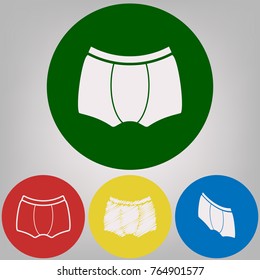 Man's underwear sign. Vector. 4 white styles of icon at 4 colored circles on light gray background.