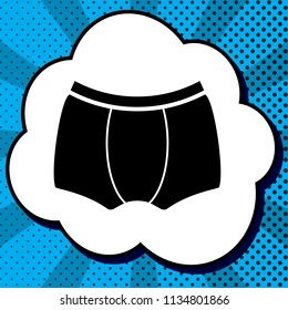 Man's underwear sign. Vector. Black icon in bubble on blue pop-art background with rays.