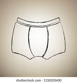 Man's underwear sign. Vector. Brush drawed black icon at light brown background.