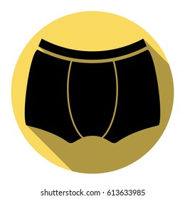 Man`s underwear sign. Vector. Flat black icon with flat shadow on royal yellow circle with white background. Isolated.