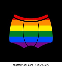 Man's underwear sign. Vector. Icon with colors of LGBT flag at black background.