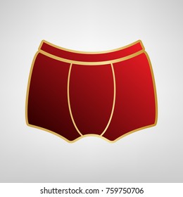 Man's underwear sign. Vector. Red icon on gold sticker at light gray background.