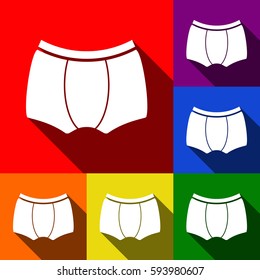 Man`s underwear sign. Vector. Set of icons with flat shadows at red, orange, yellow, green, blue and violet background.