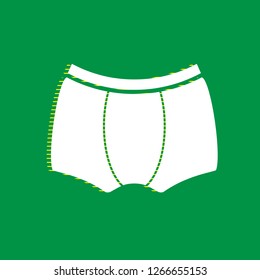 Man's underwear sign. Vector. White flat icon with yellow striped shadow at green background.