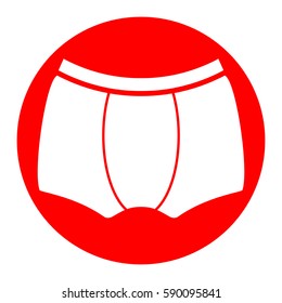 Man`s underwear sign. Vector. White icon in red circle on white background. Isolated.