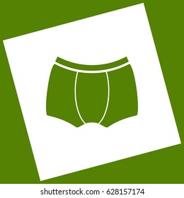 Man`s underwear sign. Vector. White icon obtained as a result of subtraction rotated square and path. Avocado background.