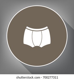 Man's underwear sign. Vector. White icon on brown circle with white contour and long shadow at gray background. Like top view on postament.