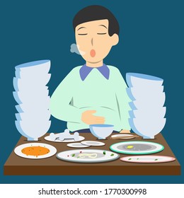 A Man's Very Full After Eating A Lot Of Food Vector