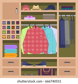 Man's Wardrobe Inside With Everyday Mans Clothes Hanging On Hangrails. Closet Filled With Mans Shirts, Sweaters, Ties, Shoes And Accessories. Flat Style Vector Illustration.