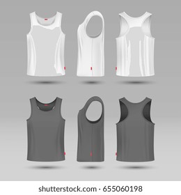 Mans white blank tank singlet. Male shirt without sleeves vector template. T-shirt front and back, illustration of mock up shirt