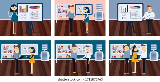 Mans and woman raise their hands as a sign of success in business. They are standing front of a board in office. Set color cartoon vector illustration for presenting on flip chart in office