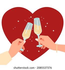 A man's and a woman's hand are holding a glass of champagne against the background of a heart. Flat illustration.