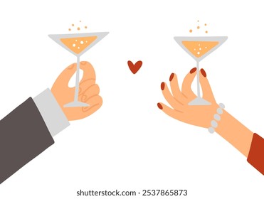 Man's and woman's hands hold glasses with champagne. New Year's, St. Valentines Day, Engagement greeting card template. Vector illustration in flat style