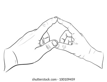 Man's and woman's hands touching in heart shape. Sketch illustration.